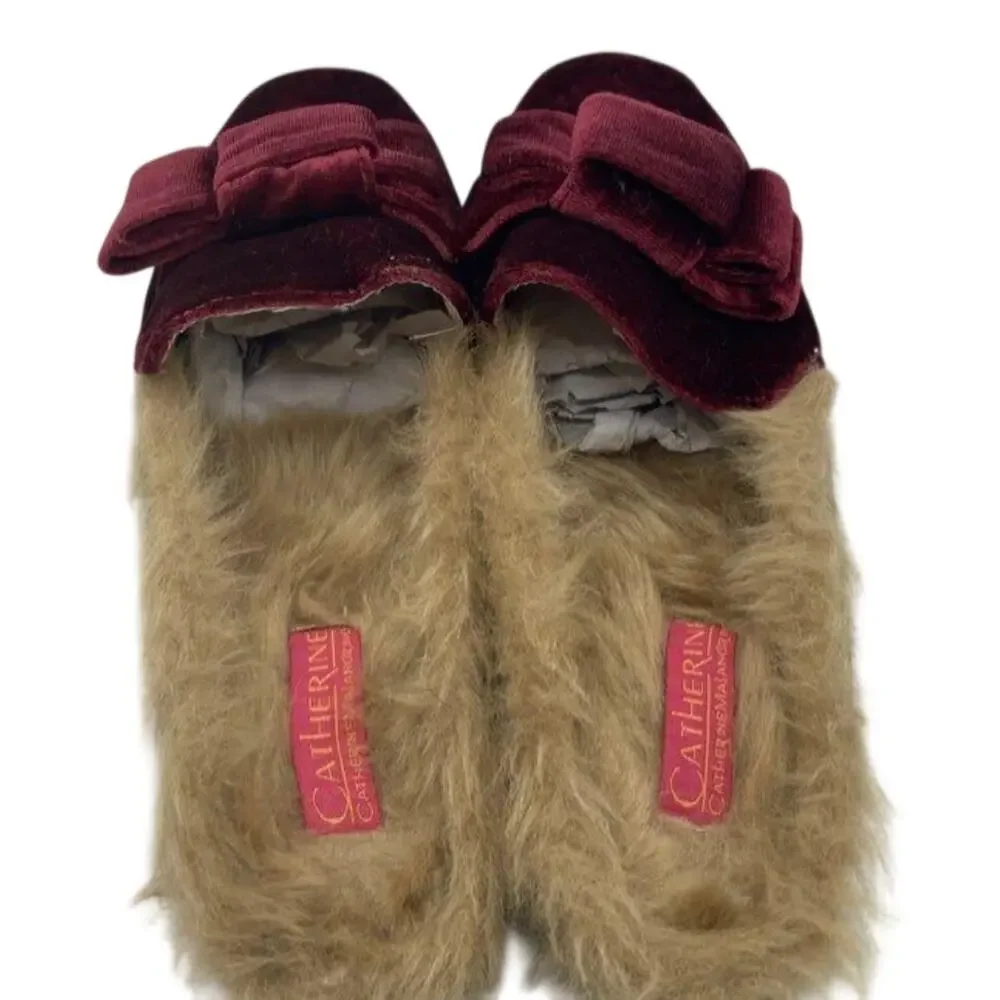Catherine Malandrino Velvet Faux Fur Bow Mules Wine Sz 9